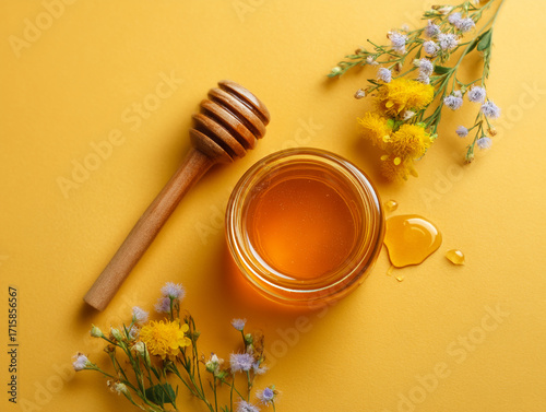 Fresh honey in a jar with a wooden dipper and colorful flowers on a bright yellow background