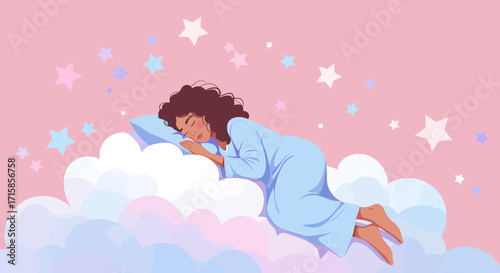 Peaceful woman dreams on soft clouds surrounded by gentle stars, embodying serenity and restful sleep