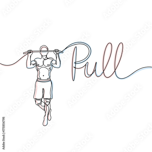 Athlete performing a pull-up with the word "Pull" in cursive style for fitness branding