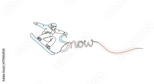 Snow word with snowboarder illustration, energetic mood, minimalist design 