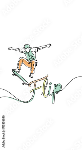 Flip word with skateboarder illustration, energetic mood, dynamic design 