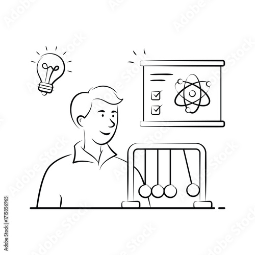 Student conducting physics experiment with pendulum setup, premium hand drawn illustration