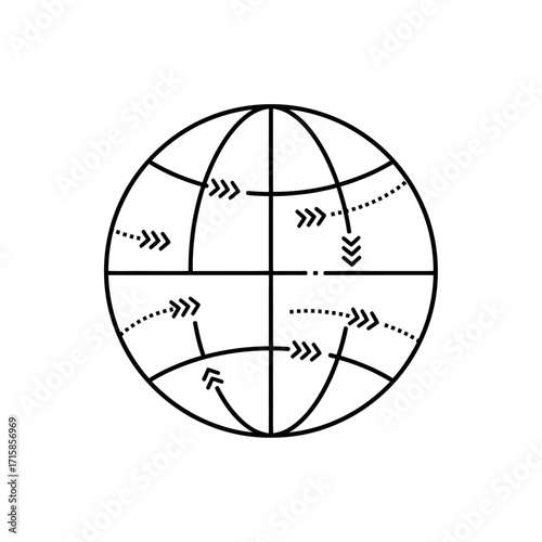 Minimalist line art globe icon with chevron arrows and dotted paths symbolizing global networks and movement.