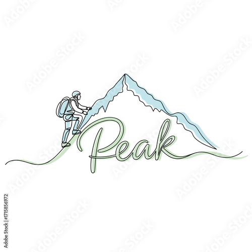 Peak word with mountain climber illustration, adventurous mood, minimalist design 