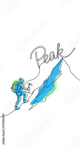 Peak word with mountain climber illustration, adventurous mood, minimalist design