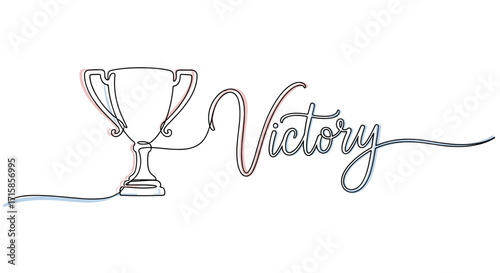 Victory word with trophy illustration, triumphant mood, minimalist design on white background