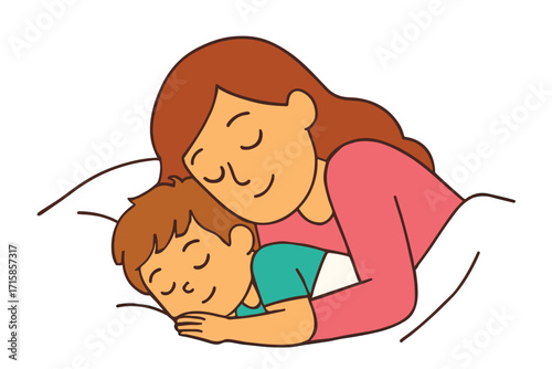 Mother with child sleeping peacefully together,