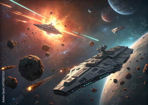 Fototapeta Naklejka Na Ścianę i Meble -  Epic space battle scene featuring two massive starships engaging in intense combat amidst an asteroid field and planets