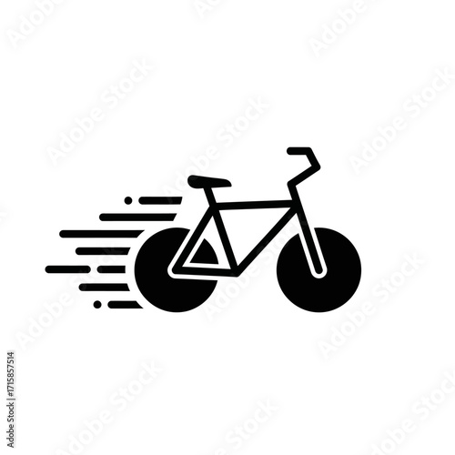 Simple black bicycle icon with speed lines, a minimalist silhouette representing fast motion and delivery.