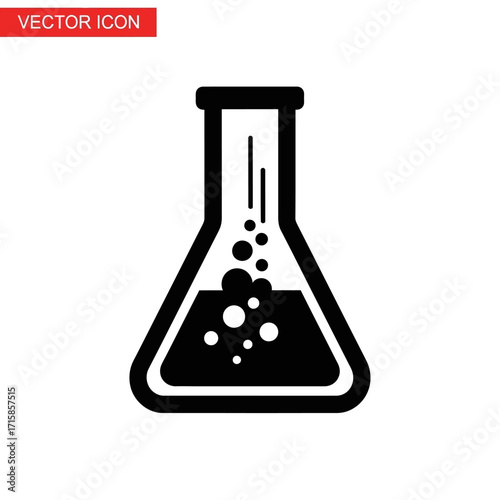 Simple black and white vector icon of a bubbling Erlenmeyer flask during a chemical reaction.