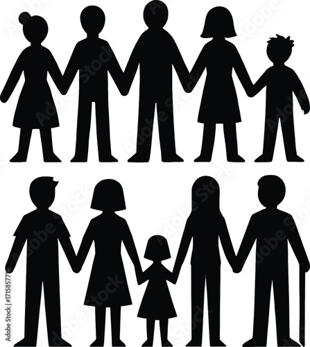 Diverse family group silhouettes holding hands together united community support connection unity