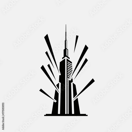 Stylized black Art Deco skyscraper illustration with radiating lines and a tall spire.