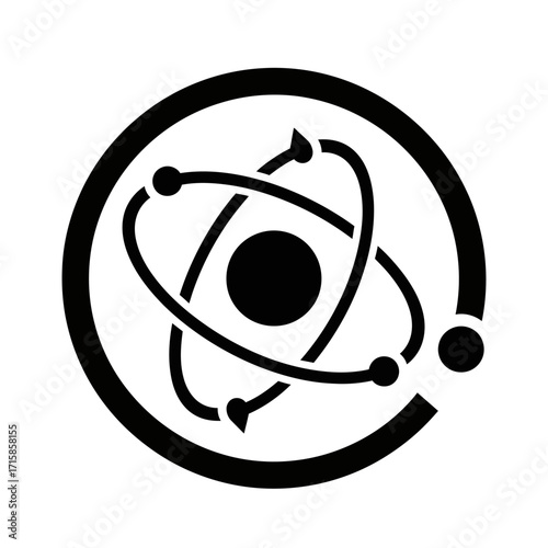 Stylized black atom icon with central nucleus, orbiting electrons, and a unique broken circular frame.
