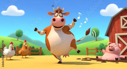 A cheerful cow dances joyfully in a vibrant farm scene, surrounded by playful chickens and a pig in a muddy puddle.