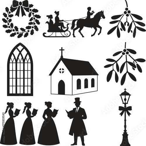 Christmas Carolers and Church Vector – Holiday Silhouette Collection
