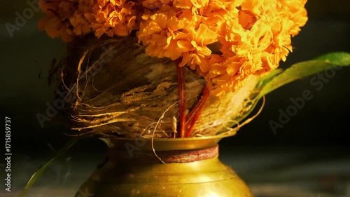 Traditional Kalash Puja with Marigold Flowers for Hindu Rituals