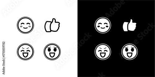 A monochrome illustration showcasing various smiling faces and a thumbs-up symbol.