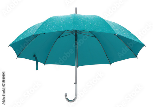 Isolated teal open umbrella with raindrops on it providing protection from rain and sunlight