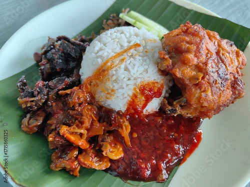 Nasi Lemak with Fried Chicken and Egg
