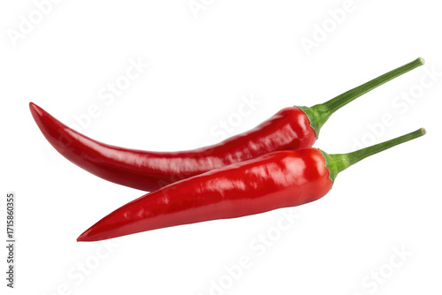 Two vibrant red chili peppers, glossy and ripe, isolated on a transparent background. background removed