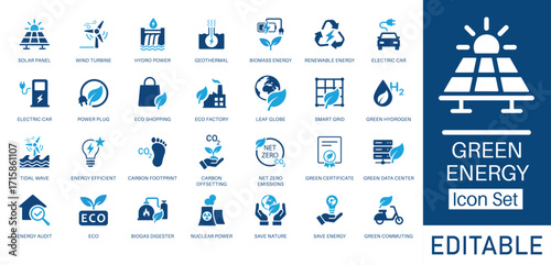 Green Energy and Sustainability solid icon set. Featuring Solar Panel, Wind Turbine, Electric Car, and Net Zero Emissions. Flat vector design for climate change awareness and sustainable technology.