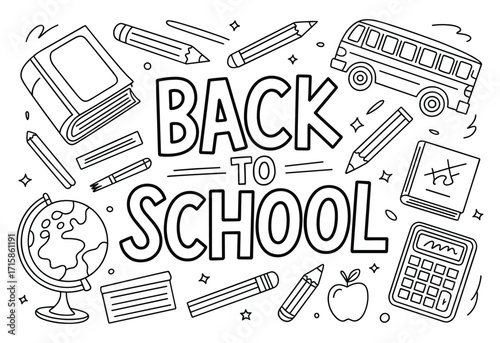 Back to school doodle illustration with books, pencils, school bus, globe, and stationery in hand drawn sketch style education design