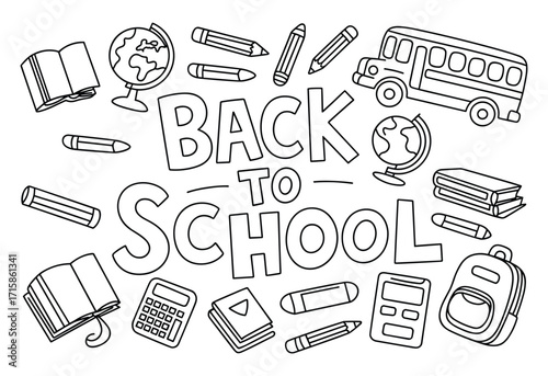 Back to school doodle illustration with books, pencils, school bus, globe, and stationery in hand drawn sketch style education design