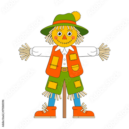 Happy scarecrow character, orange vest, green hat, green shorts, straw hair, friendly face, kids illustration, farm harvest vector
