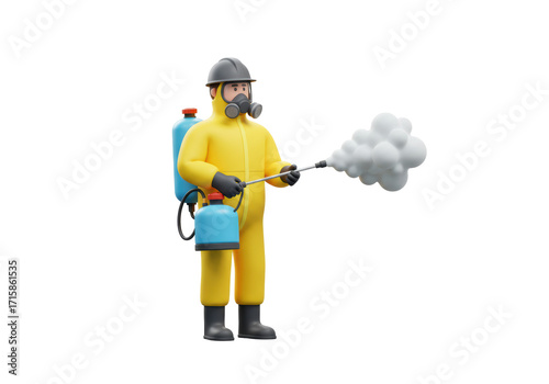 Isolated person fumigating, pest control and extermination service, wearing hazmat protective suit