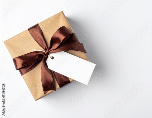 Square brown gift box with dark brown satin ribbon, tied in a bow, and blank gift tag on white background