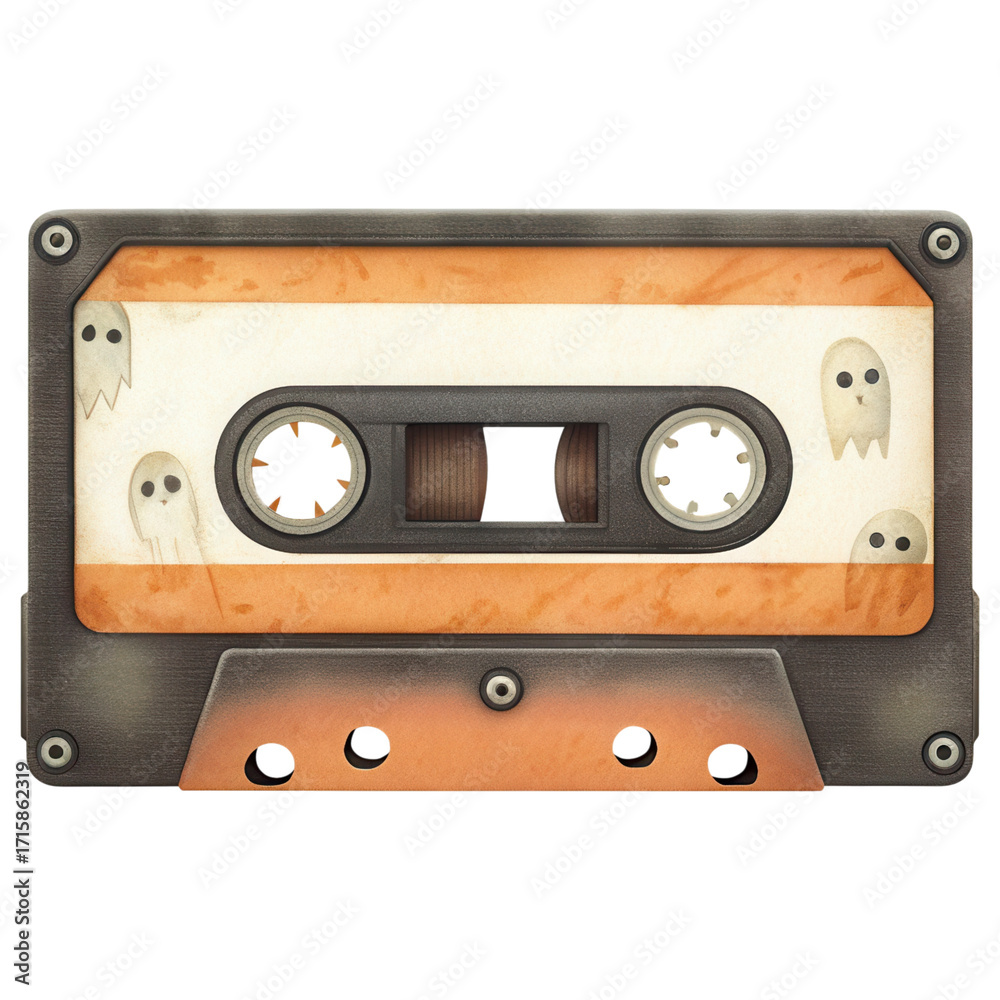 Obraz premium Halloween Retro 80s Vintage audio cassette with ghost illustrations on the label.