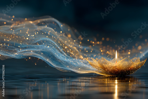 Diwali Diya Lamp With Magical Glowing Particle Wave Of Light And Spiritual Energy