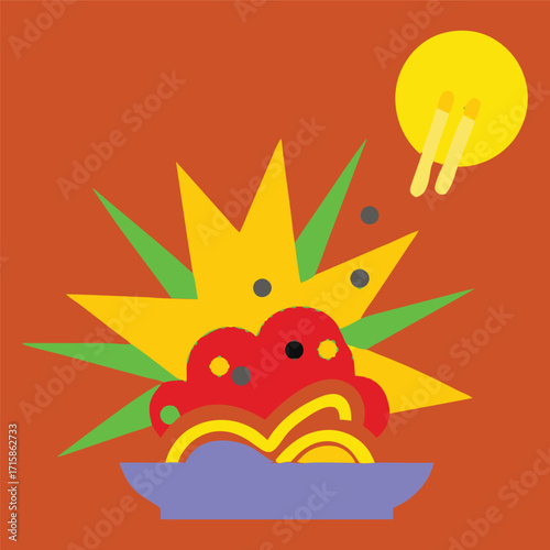 Vector illustration of a cute red and yellow cartoon sun with a fiery orange flame design
