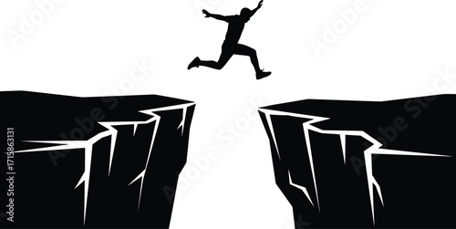 Silhouette of a person jumping across a chasm, , symbolizing courage, risktaking, and overcoming challenges in a bold and dynamic composition