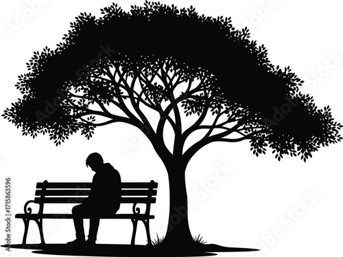 Silhouette of a sad man sitting a bench under a tree, image evokes feelings of loneliness, depression, and contemplation in a minimalist style