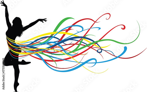 Silhouette of a dancing woman with colorful ribbons, expressing freedom, movement, and artistic expression through dance and vibrant colors