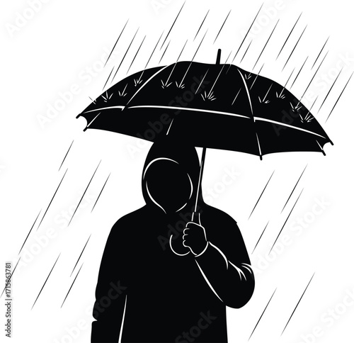 Silhouette of a person with an umbrella in rain, depicting solitude, protection, and resilience in face of adversity and challenging weather