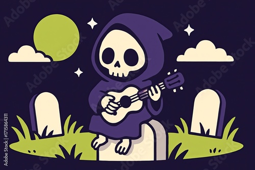 Spooky but Cute Skeleton Plays Guitar at Cemetery