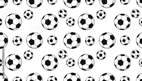 A repeating pattern showcases numerous soccer balls, each in black and white, against a plain white background.