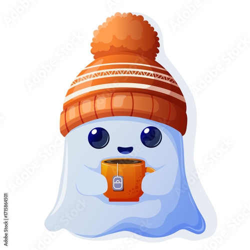 Little ghost in a warm hat with a cup of hot drink. Perfect for Halloween, theme parties, cards, stickers and festive prints.