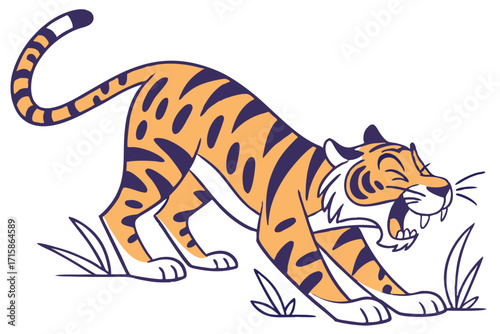 Cartoon Tiger Stretch on White Background, Orange Feline with Black Stripes Yawning