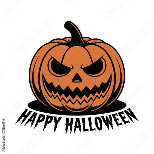 Happy Halloween pumpkin badge, fierce carved face, distressed text effect, classic spooky emblem, seasonal party poster, vector