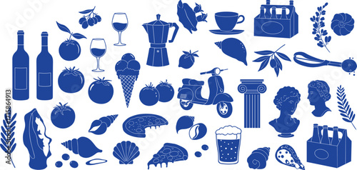 Italian food and culture icons, wine, pizza, pasta, coffee, scooter, statues, olives, beer, tomatoes, shell, cad drawing flat vector illustration
