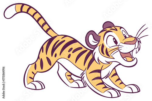 Cartoon Tiger Stretching on White Background Design Element