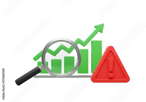 Isolated growth chart with magnifying glass and error sign denotes inspection of a mistake