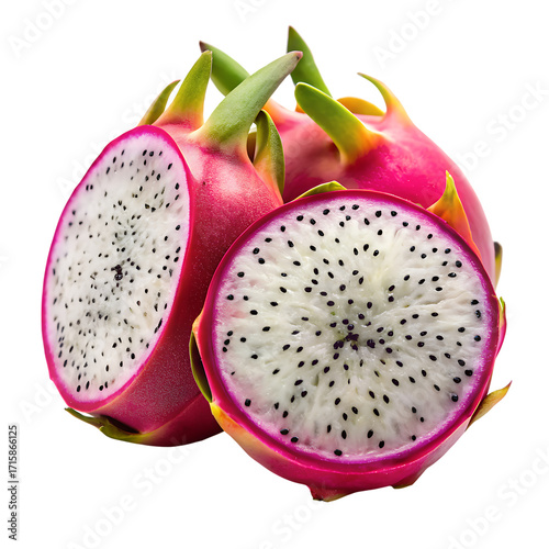 Fresh and Vibrant Dragon Fruit Cut Open Displaying Seeds and Texture on Transparent Background