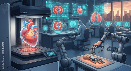 Advanced Medical Research Lab with 3D Bioprinting and Robotics Technology