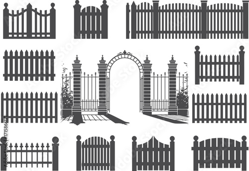 Collection of decorative gate and fence vector silhouettes including ornate arched entrance, wrought iron styles, picket fences, pillars, barriers