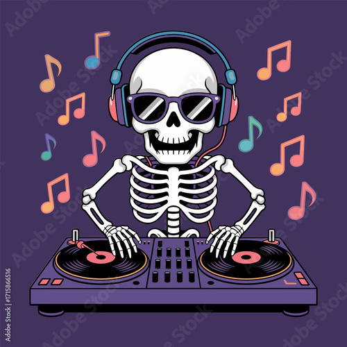 cool skeleton dj with headphones, mixing on turntables, music notes around, club party vibe, halloween themed, vector illustration