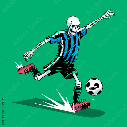 skeleton football striker kicking ball, speed motion lines, blue jersey, energetic sports graphic, spooky fun theme, vector artwork